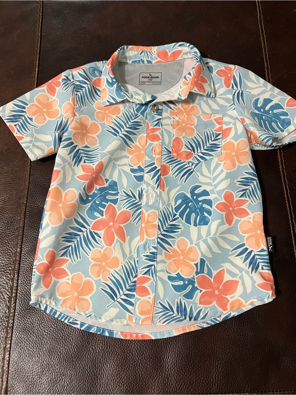 Eddie Bauer Light Blue Floral Button-Down Shirt with Peach Flowers